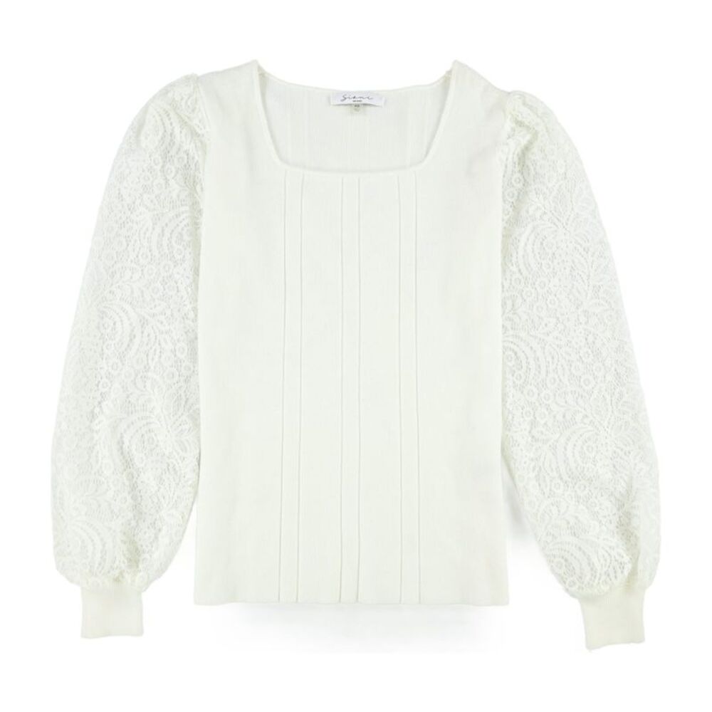sioni Womens Lace Sleeve Pullover Sweater, White, XS, DM